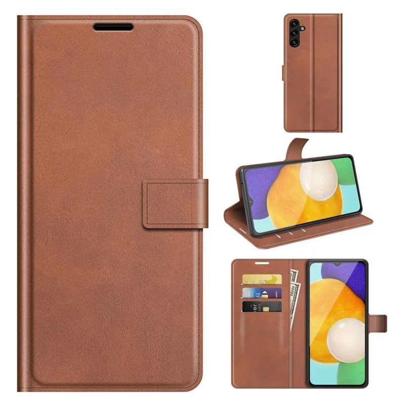 Shockproof Protective PU Leather TPU Wallet Stand Phone Flip Cover Case for Samsung Galaxy A13 5G / A04s 4G (164.7mm) - Light Brown