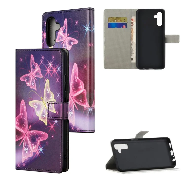 Full Coverage Pattern Printing PU Leather Wallet Stand Magnetic Closure Flip Case for Samsung Galaxy A13 5G / A04s 4G (164.7 x 76.7 x 9.1 mm) - Sparkle Butterflies