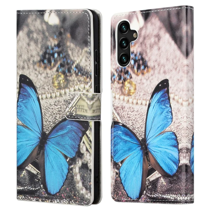 Pattern Printing PU Leather Wallet Stand Magnetic Closure Flip Case for Samsung Galaxy A13 5G / A04s 4G (164.7mm) - Blue Butterfly