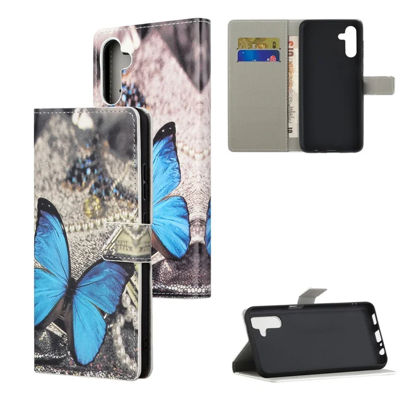 Pattern Printing PU Leather Wallet Stand Magnetic Closure Flip Case for Samsung Galaxy A13 5G / A04s 4G (164.7mm) - Blue Butterfly