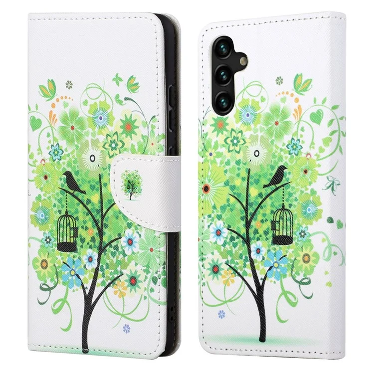 Impressão de Padrões Textura Cruzada PU Capela Peleto de Peleto Casa Casa de Proteção Para Samsung Galaxy A13 5G - Árvore Verde
