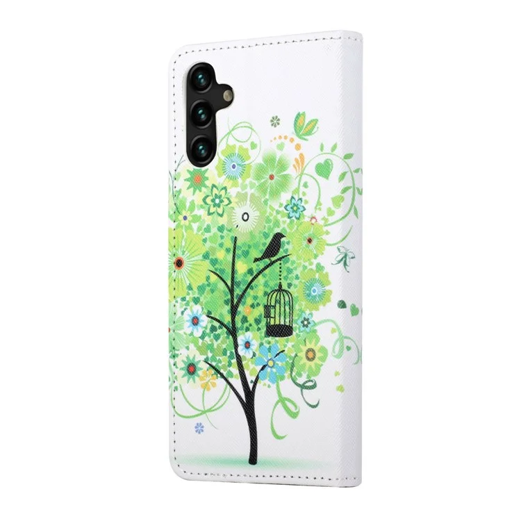 Impressão de Padrões Textura Cruzada PU Capela Peleto de Peleto Casa Casa de Proteção Para Samsung Galaxy A13 5G - Árvore Verde