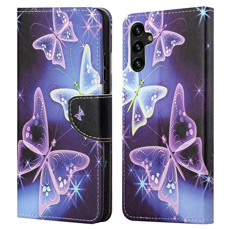 Pattern Printing Cross Texture PU Leather Phone Wallet Stand Case for Samsung Galaxy A13 5G / A04s 4G (164.7mm) - Sparkling Butterflies