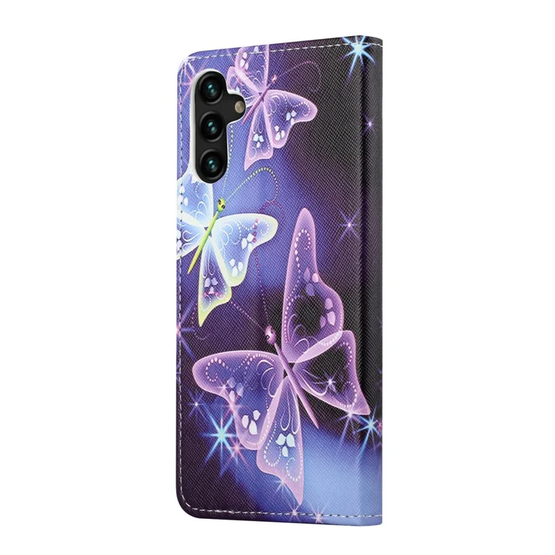 Pattern Printing Cross Texture PU Leather Phone Wallet Stand Case for Samsung Galaxy A13 5G / A04s 4G (164.7mm) - Sparkling Butterflies