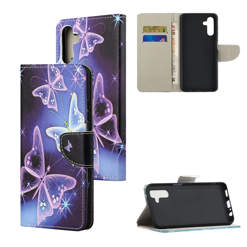 Pattern Printing Cross Texture PU Leather Phone Wallet Stand Case for Samsung Galaxy A13 5G / A04s 4G (164.7mm) - Sparkling Butterflies