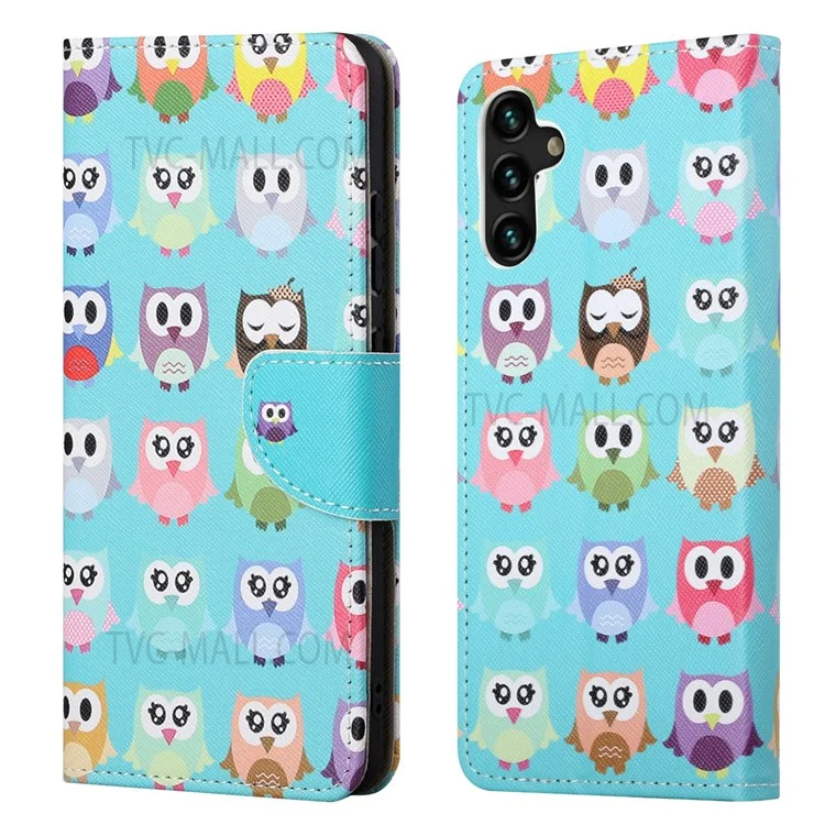 Custodia protettiva con portafoglio, stand e textura a croce stampata in pelle PU per Samsung Galaxy A13 5G / A04s 4G (164,7 x 76,7 x 9,1 mm) - Gufi carini