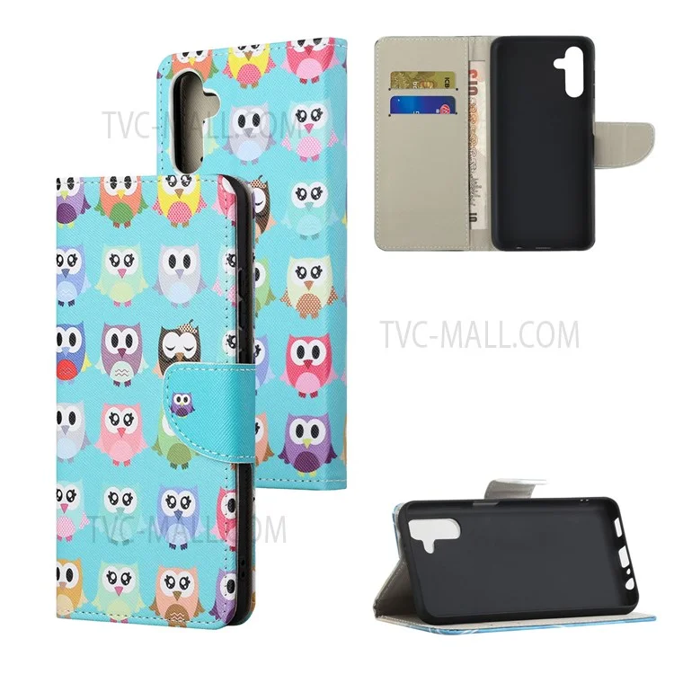 Custodia protettiva con portafoglio, stand e textura a croce stampata in pelle PU per Samsung Galaxy A13 5G / A04s 4G (164,7 x 76,7 x 9,1 mm) - Gufi carini