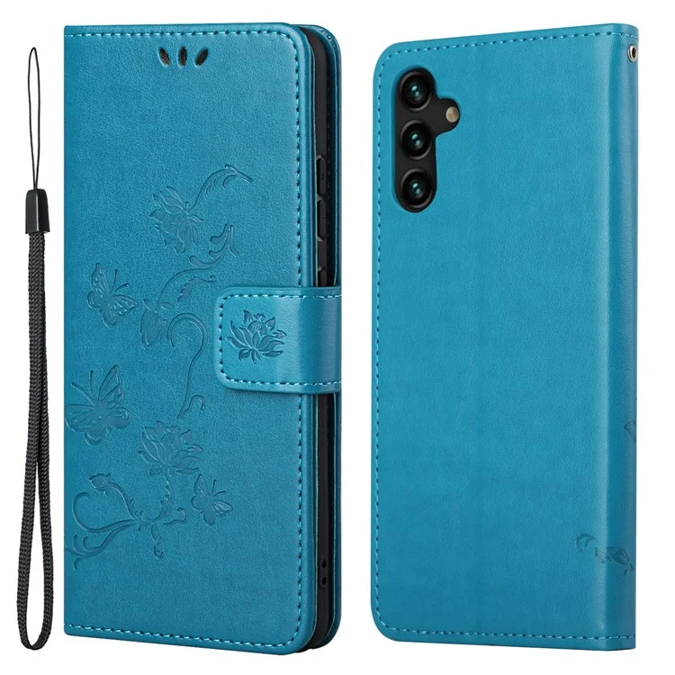 Butterfly Flower Imprinting Leather Phone Wallet Stand Shell with Strap for Samsung Galaxy A13 5G / A04s 4G (164.7 x 76.7 x 9.1 mm) - Blue