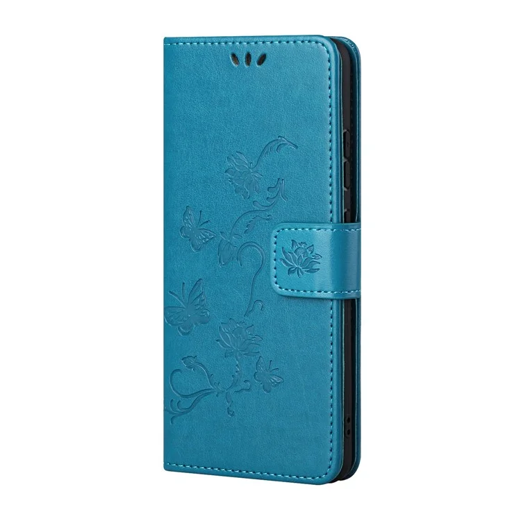 Butterfly Flower Imprinting Leather Phone Wallet Stand Shell with Strap for Samsung Galaxy A13 5G / A04s 4G (164.7 x 76.7 x 9.1 mm) - Blue