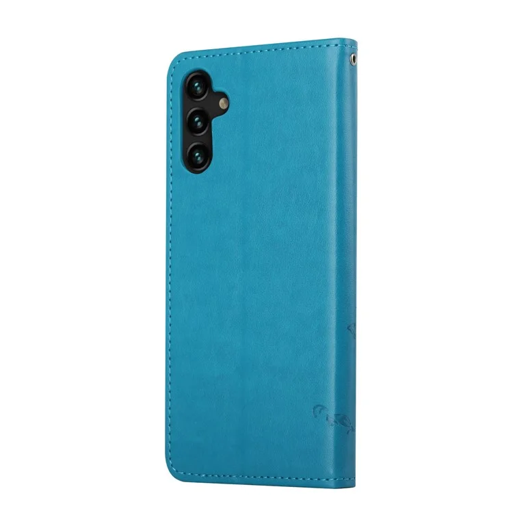 Butterfly Flower Imprinting Leather Phone Wallet Stand Shell with Strap for Samsung Galaxy A13 5G / A04s 4G (164.7 x 76.7 x 9.1 mm) - Blue