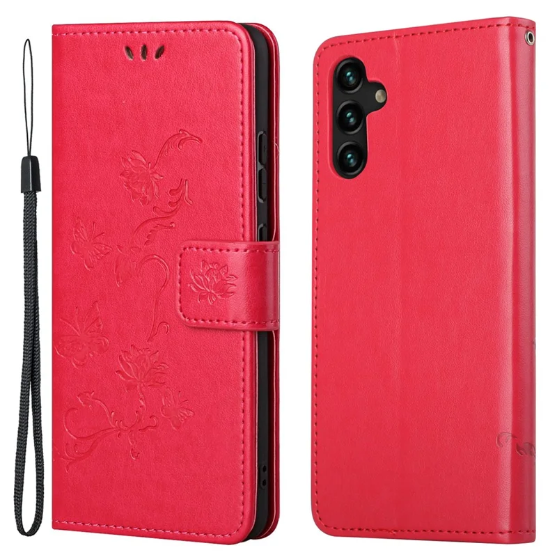 Butterfly Flower Imprinting Leather Phone Wallet Stand Shell with Strap for Samsung Galaxy A13 5G / A04s 4G (164.7mm) - Red
