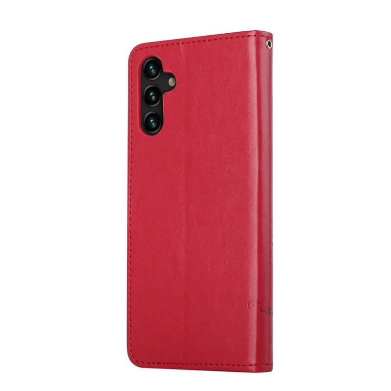 Butterfly Flower Imprinting Leather Phone Wallet Stand Shell with Strap for Samsung Galaxy A13 5G / A04s 4G (164.7mm) - Red