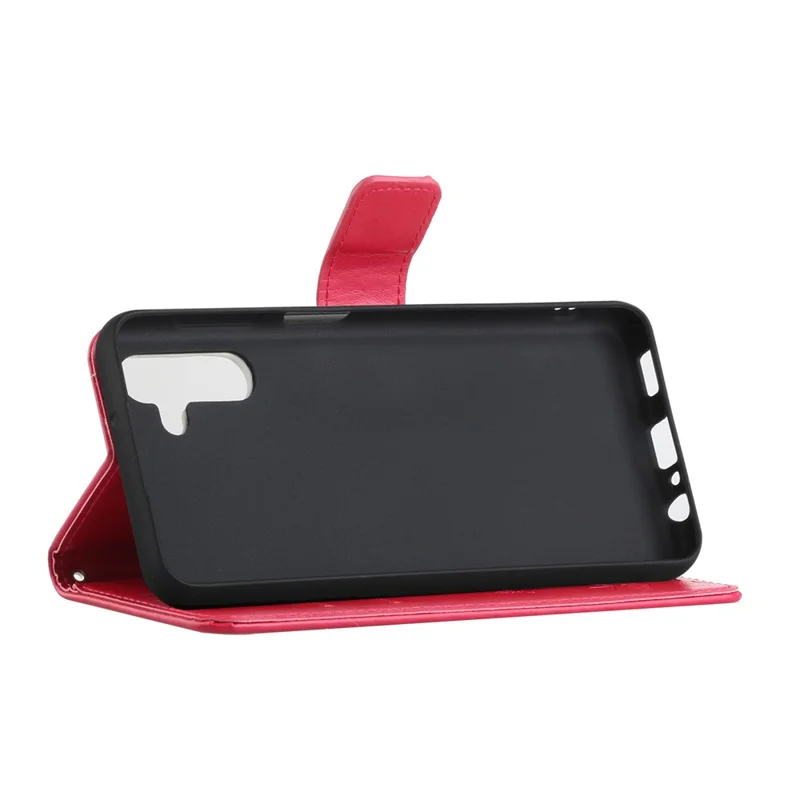 Butterfly Flower Imprinting Leather Phone Wallet Stand Shell with Strap for Samsung Galaxy A13 5G / A04s 4G (164.7mm) - Red