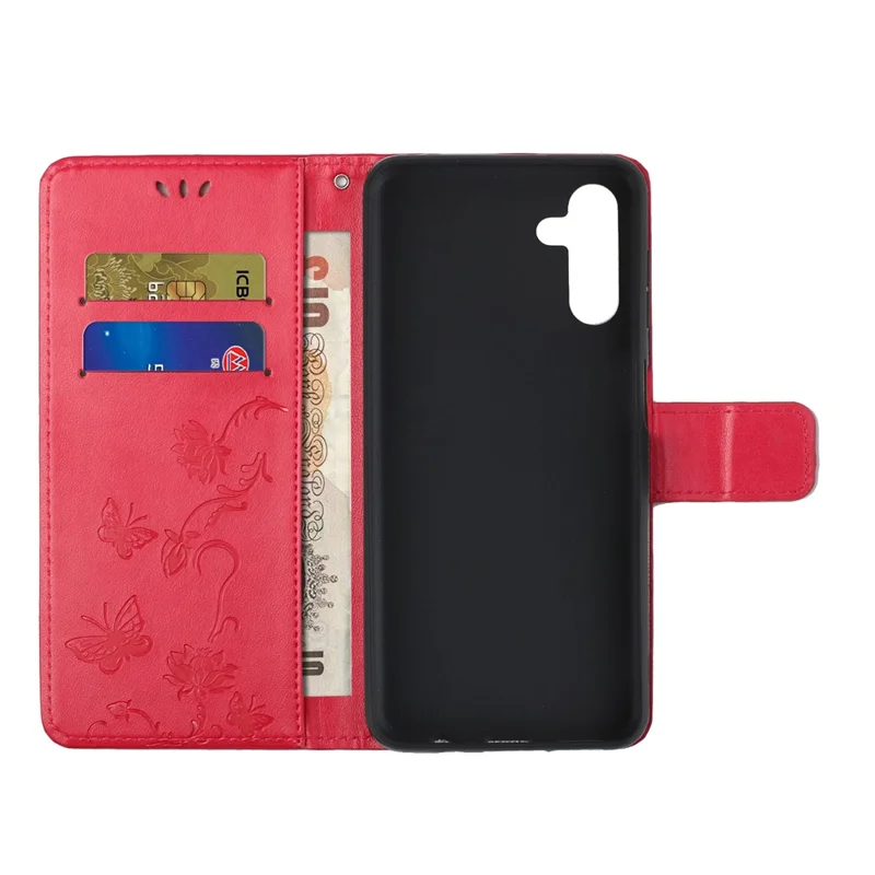Butterfly Flower Imprinting Leather Phone Wallet Stand Shell with Strap for Samsung Galaxy A13 5G / A04s 4G (164.7mm) - Red