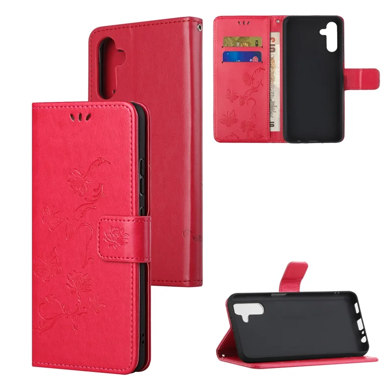 Butterfly Flower Imprinting Leather Phone Wallet Stand Shell with Strap for Samsung Galaxy A13 5G / A04s 4G (164.7mm) - Red