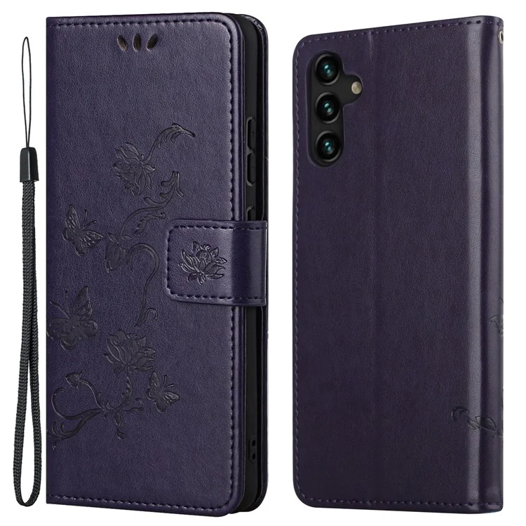 Butterfly Flower Imprinting Leather Phone Wallet Stand Shell with Strap for Samsung Galaxy A13 5G / A04s 4G (164.7mm) - Dark Purple