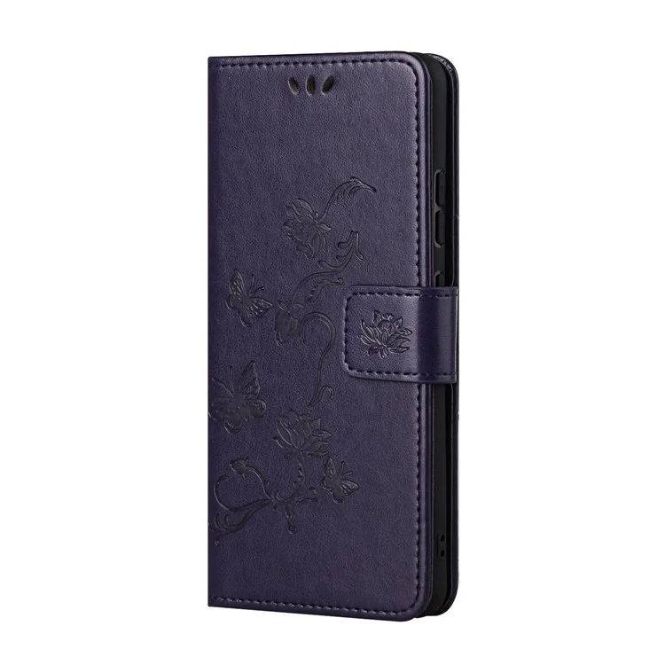 Butterfly Flower Imprinting Leather Phone Wallet Stand Shell with Strap for Samsung Galaxy A13 5G / A04s 4G (164.7mm) - Dark Purple