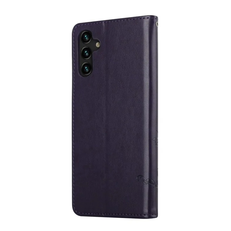 Butterfly Flower Imprinting Leather Phone Wallet Stand Shell with Strap for Samsung Galaxy A13 5G / A04s 4G (164.7mm) - Dark Purple