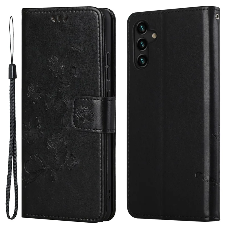 Butterfly-Blumenprägung Lederne Handy-Portemonnaie-Standhülle mit Riemen für Samsung Galaxy A13 5G / A04s 4G (164,7 mm) – Schwarz