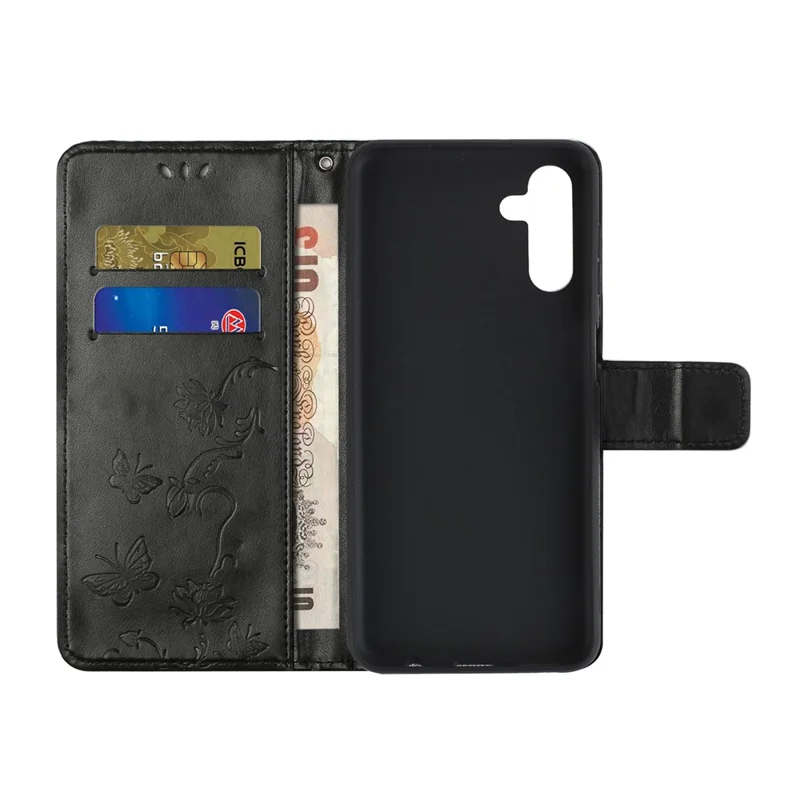 Butterfly-Blumenprägung Lederne Handy-Portemonnaie-Standhülle mit Riemen für Samsung Galaxy A13 5G / A04s 4G (164,7 mm) – Schwarz