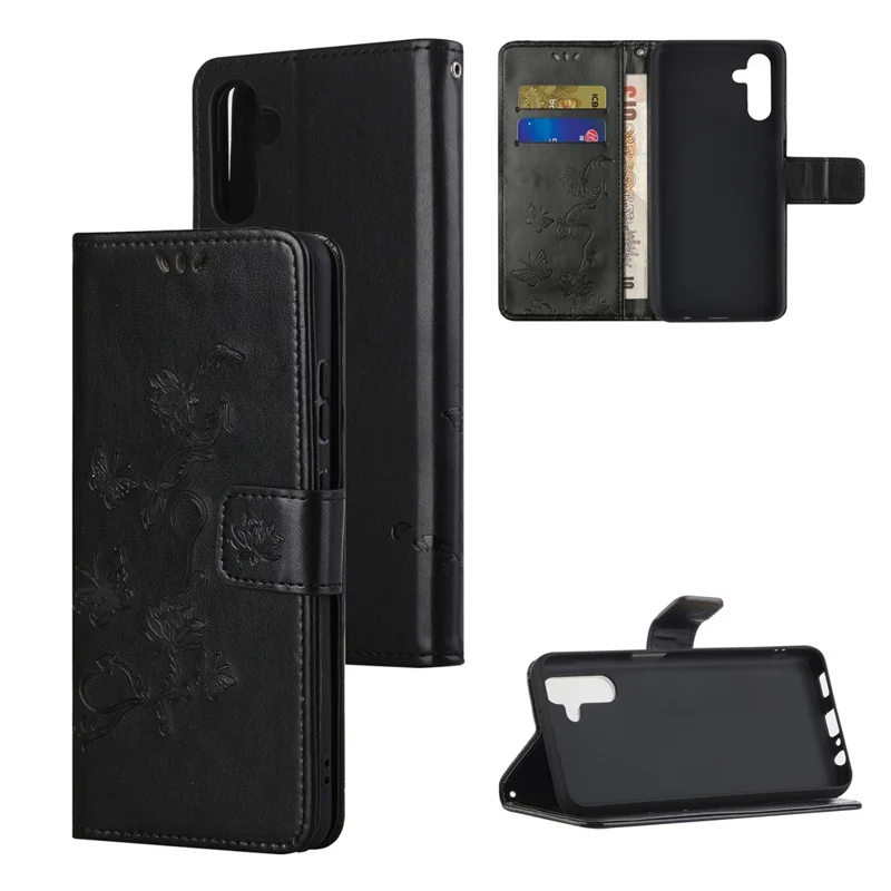 Butterfly-Blumenprägung Lederne Handy-Portemonnaie-Standhülle mit Riemen für Samsung Galaxy A13 5G / A04s 4G (164,7 mm) – Schwarz