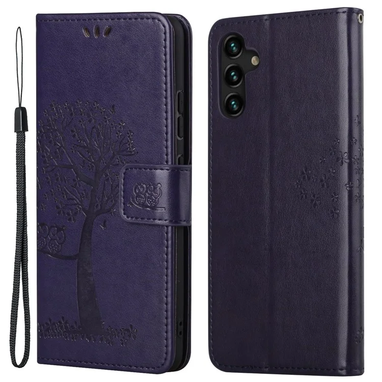 Folio Flip Owl Tree Imprint Leather Wallet Phone Case Shell avec support pour Samsung Galaxy A13 5G / A04s 4G (164,7 x 76,7 x 9,1 mm) - Violet foncé