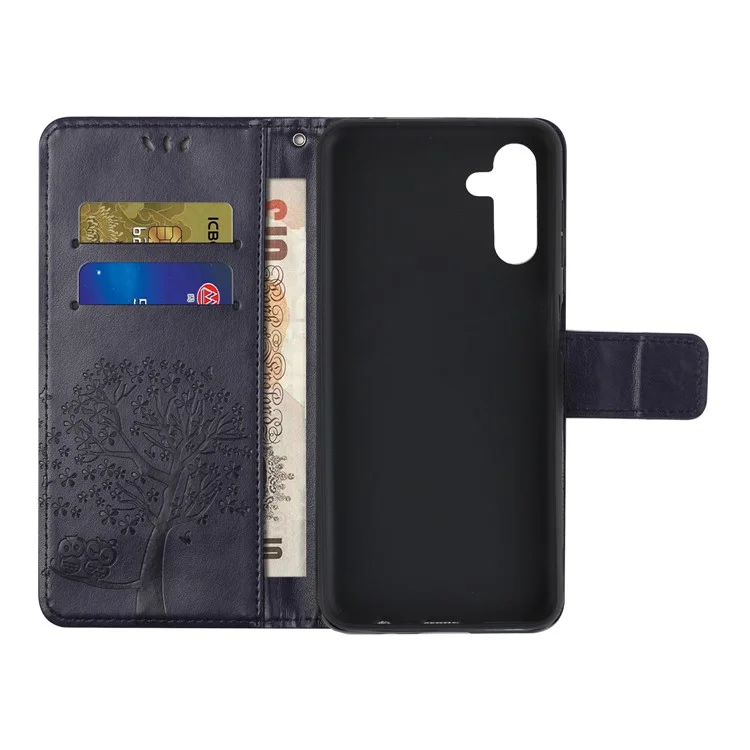 Folio Flip Owl Tree Imprint Leather Wallet Phone Case Shell avec support pour Samsung Galaxy A13 5G / A04s 4G (164,7 x 76,7 x 9,1 mm) - Violet foncé