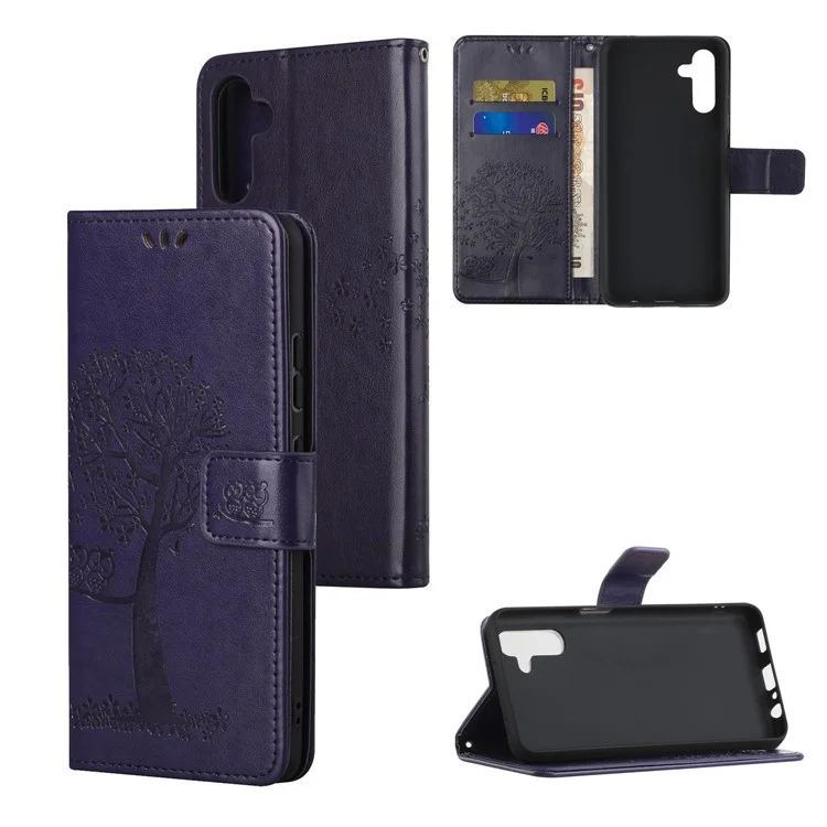 Folio Flip Owl Tree Imprint Leather Wallet Phone Case Shell avec support pour Samsung Galaxy A13 5G / A04s 4G (164,7 x 76,7 x 9,1 mm) - Violet foncé