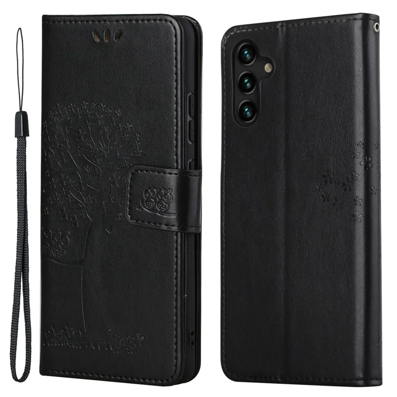 Capa de Telemóvel em Pele com Carteira, Capa Tipo Dobrável com Estampa de Coruja e Árvore, com Suporte para Samsung Galaxy A13 5G / A04s 4G (164,7 mm) - Preto