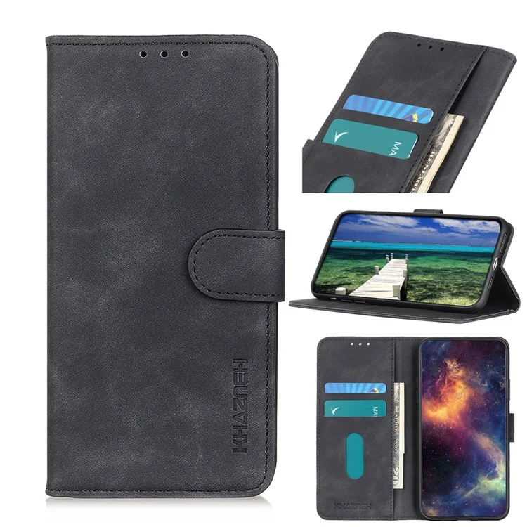 KHAZNEH Vintage Style PU Leather Foldable Stand Phone Cover Protector with Wallet for Samsung Galaxy S22 Ultra 5G - Black