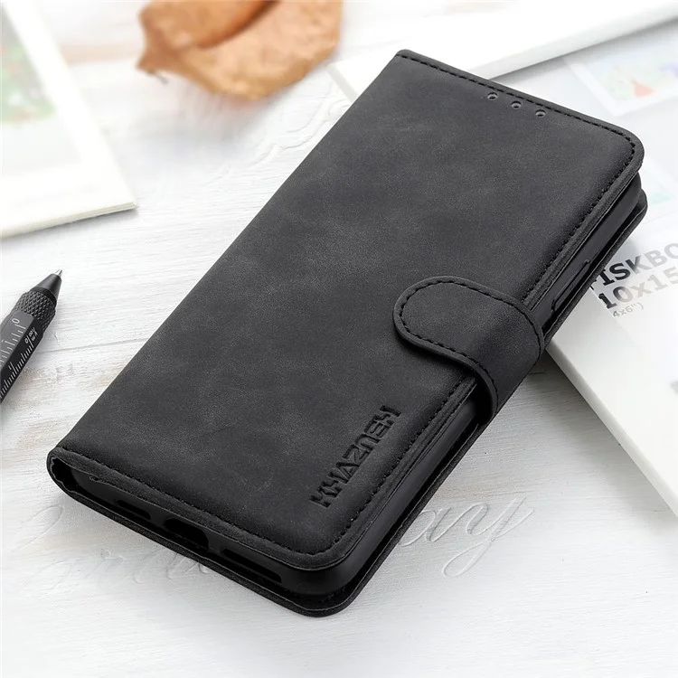 Khazneh Estilo Vintage PU Cuero Plegable Protector de Cobertura Del Teléfono Con Billetera Para Samsung Galaxy S22 Ultra 5G - Negro