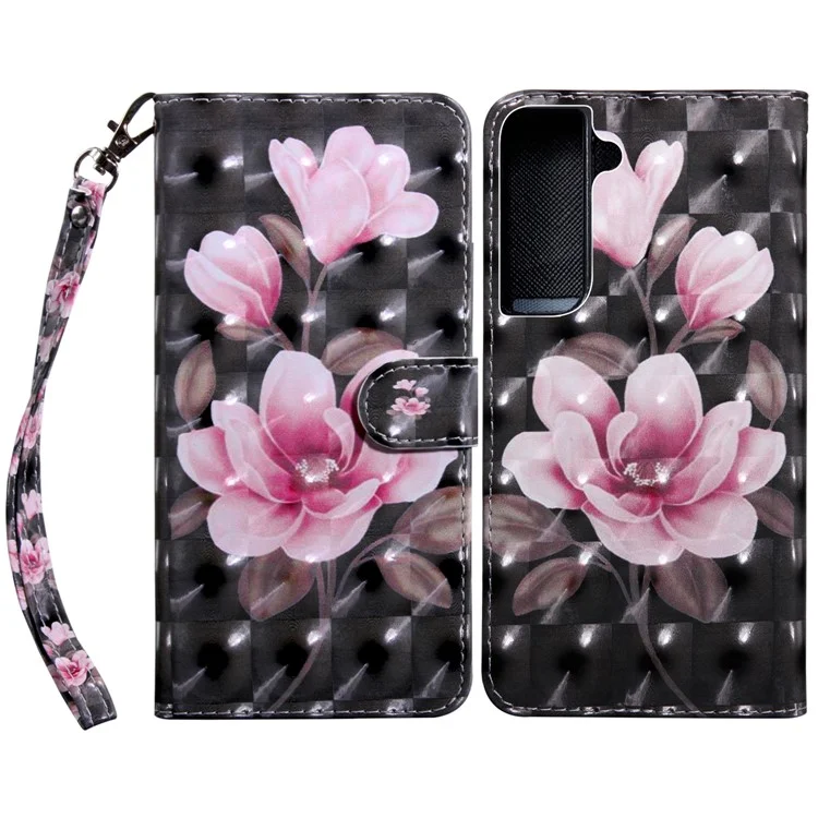 3D Creative Pattern Printing PU Leder Folio Flip Geldbörse Ständer Magnetischer Verschluss Cover mit Riemen für Samsung Galaxy S22 5G - Rosa Blumen