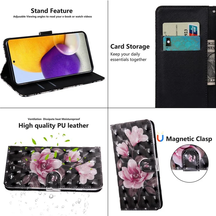 3D Creative Pattern Printing PU Leder Folio Flip Geldbörse Ständer Magnetischer Verschluss Cover mit Riemen für Samsung Galaxy S22 5G - Rosa Blumen