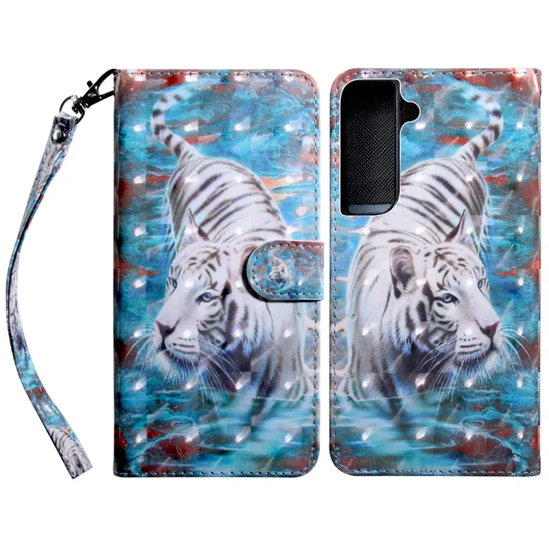 3D Creative Pattern Printing PU Leather Folio Flip Wallet Case Stand Magnetic Closure Cover with Strap for Samsung Galaxy S22 5G - Tiger