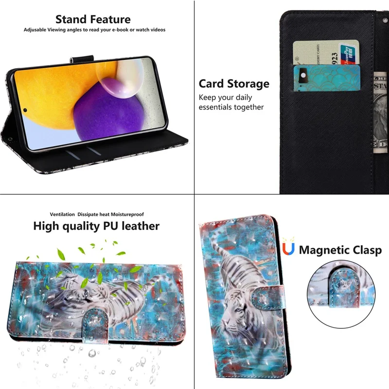 3D Creative Pattern Printing PU Leather Folio Flip Wallet Case Stand Magnetic Closure Cover with Strap for Samsung Galaxy S22 5G - Tiger