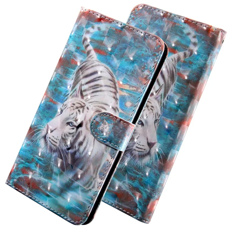 3D Creative Pattern Printing PU Leather Folio Flip Wallet Case Stand Magnetic Closure Cover with Strap for Samsung Galaxy S22 5G - Tiger