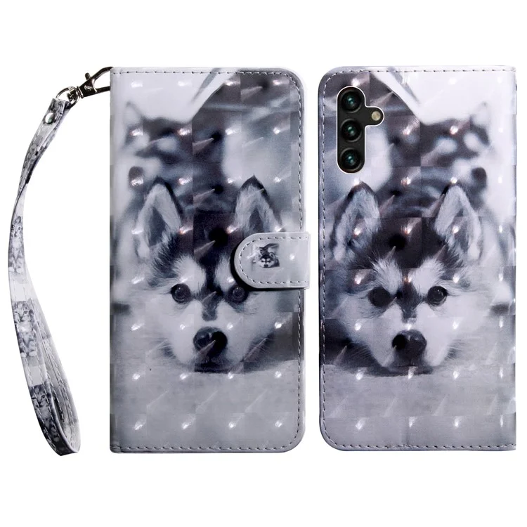 Drop Shockproof 3D Creative Pattern Printing PU Leather Wallet Stand Flip Phone Case with Wrist Strap for Samsung Galaxy A13 5G / A04s 4G (164.7 x 76.7 x 9.1 mm) - Cão