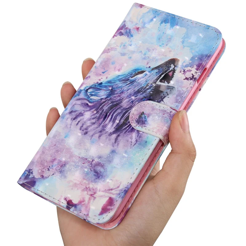 3D Pattern Printing PU Leather Wallet Stand Phone Case with Wrist Strap for Samsung Galaxy A13 5G / A04s 4G (164.7mm) - Howling Wolf