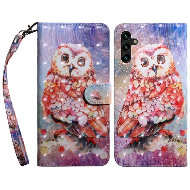 Étui portefeuille à rabat en cuir PU avec motif créatif 3D antichoc et dragonne pour Samsung Galaxy A13 5G / A04s 4G (164,7 x 76,7 x 9,1 mm) - Hibou
