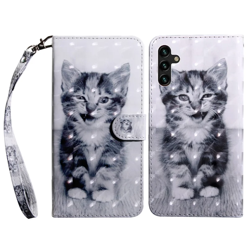 3D Pattern Printing PU Leather Wallet Stand Phone Case with Wrist Strap for Samsung Galaxy A13 5G / A04s 4G (164.7mm) - Cat