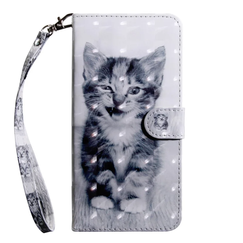 3D Pattern Printing PU Leather Wallet Stand Phone Case with Wrist Strap for Samsung Galaxy A13 5G / A04s 4G (164.7mm) - Cat
