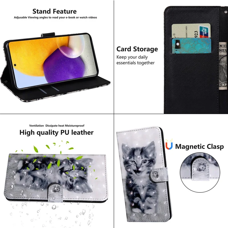 3D Pattern Printing PU Leather Wallet Stand Phone Case with Wrist Strap for Samsung Galaxy A13 5G / A04s 4G (164.7mm) - Cat