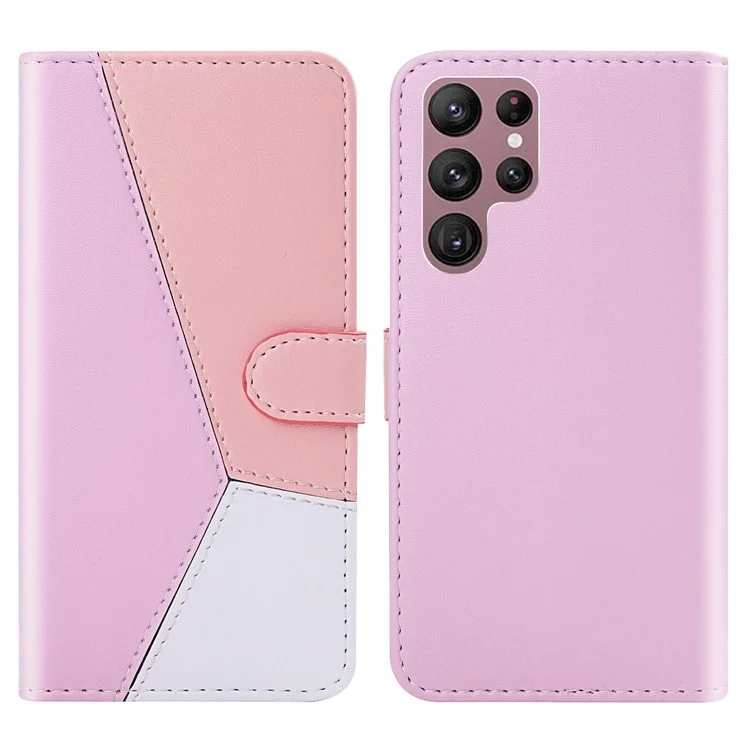 Dreifarbige Splicing Folio Flip Wallet Stand Leather Protective Phone Cover Case für Samsung Galaxy S22 Ultra 5G - Lila/Rosa/Weiß