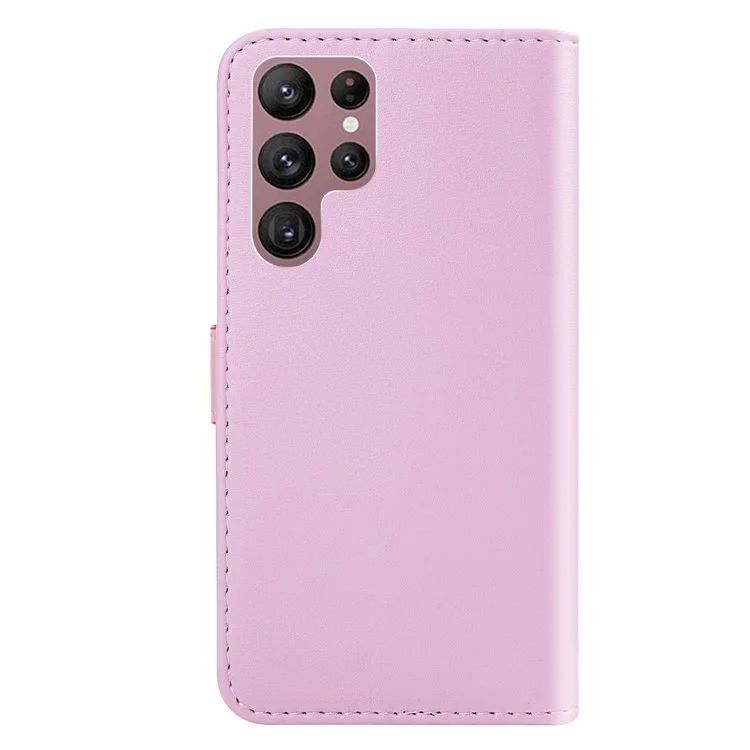 Dreifarbige Splicing Folio Flip Wallet Stand Leather Protective Phone Cover Case für Samsung Galaxy S22 Ultra 5G - Lila/Rosa/Weiß