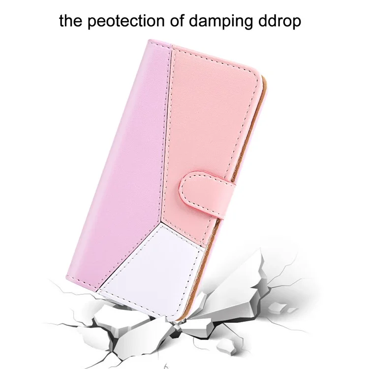 Dreifarbige Splicing Folio Flip Wallet Stand Leather Protective Phone Cover Case für Samsung Galaxy S22 Ultra 5G - Lila/Rosa/Weiß
