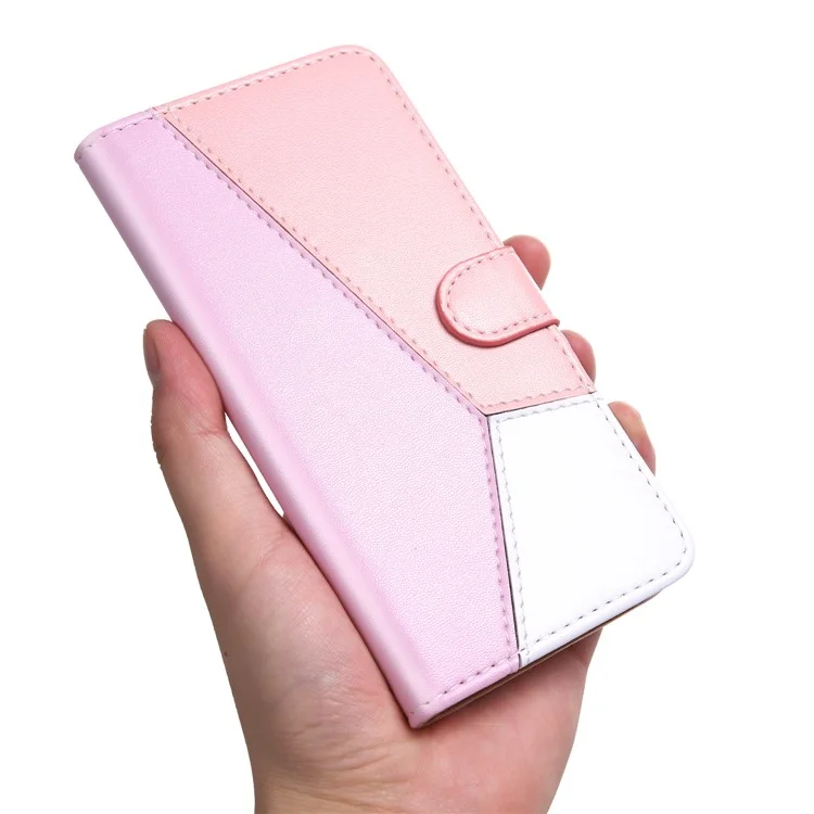 Dreifarbige Splicing Folio Flip Wallet Stand Leather Protective Phone Cover Case für Samsung Galaxy S22 Ultra 5G - Lila/Rosa/Weiß