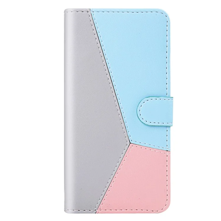 Tri-color Splicing Folio Flip Wallet Stand Leather Protective Phone Cover Case for Samsung Galaxy S22 Ultra 5G - Grey/Blue/Pink