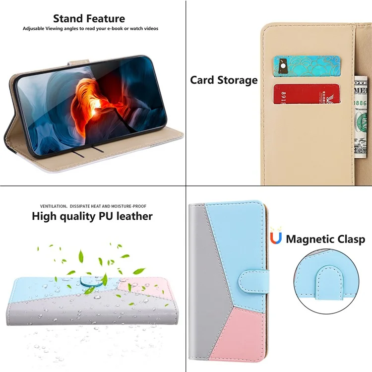 Tri-color Splicing Folio Flip Wallet Stand Leather Protective Phone Cover Case for Samsung Galaxy S22 Ultra 5G - Grey/Blue/Pink