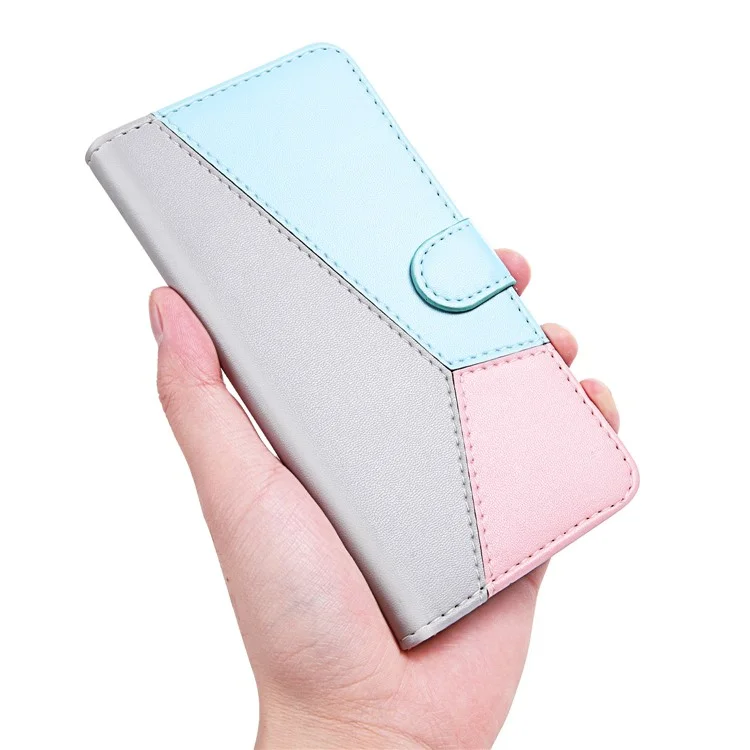 Tri-color Splicing Folio Flip Wallet Stand Leather Protective Phone Cover Case for Samsung Galaxy S22 Ultra 5G - Grey/Blue/Pink