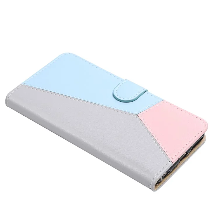 Tri-color Splicing Folio Flip Wallet Stand Leather Protective Phone Cover Case for Samsung Galaxy S22 Ultra 5G - Grey/Blue/Pink